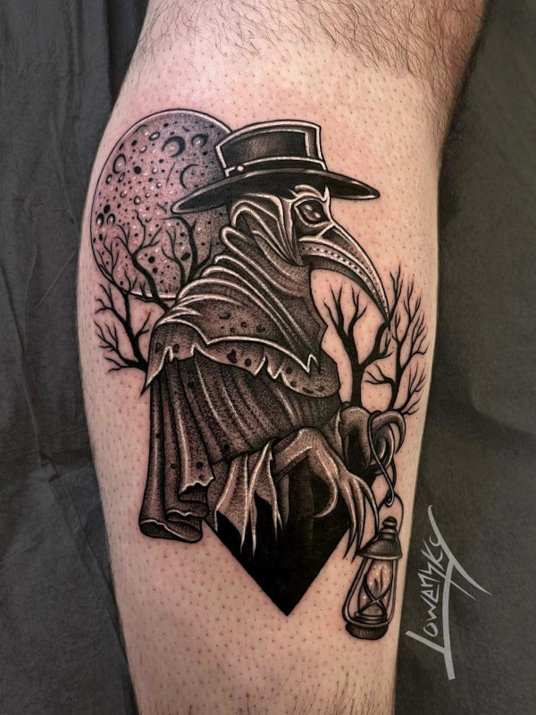 Fine line black and grey realistic tattoo of a medieval plague doctor with trees by Lowensky Santiago of Sacred Mandala Studio in Durahm, NC.